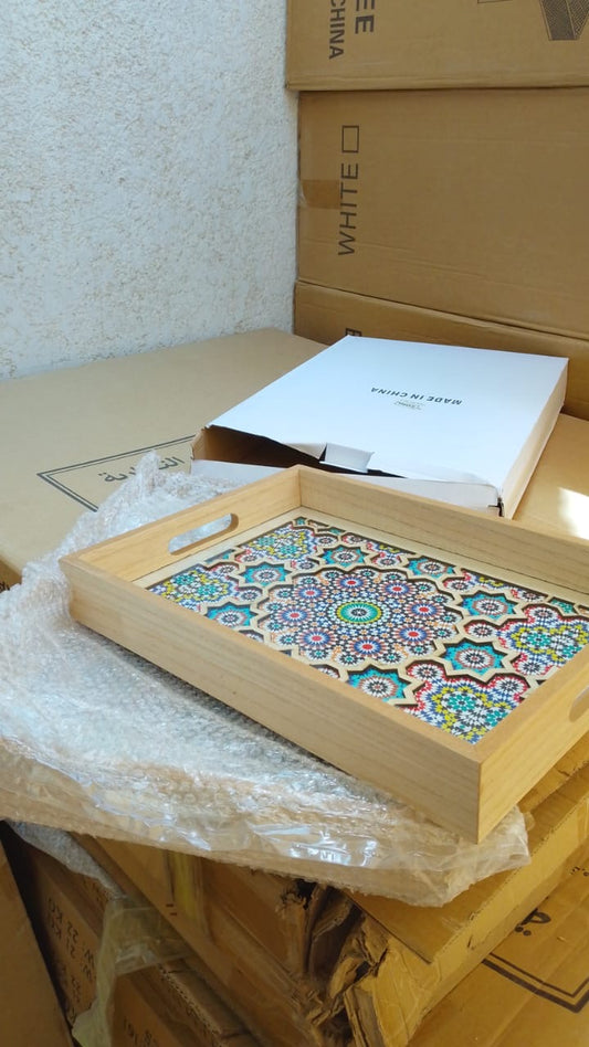 صينية خشبي نقشة مغربية  - light_wood